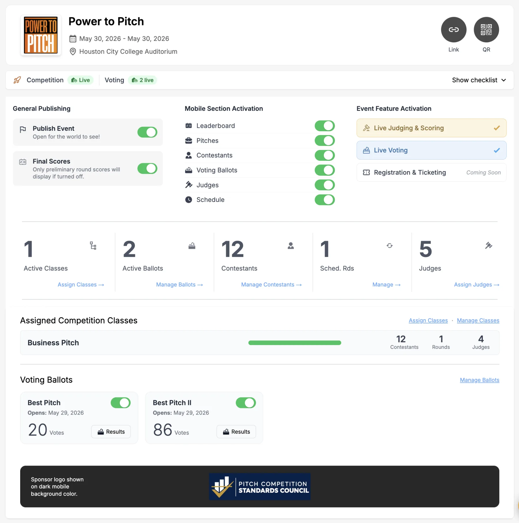 LiveJudge competition dashboard for a pitch competition: live status, mobile section toggles, a stat row (active classes, ballots, 12 contestants, rounds, judges), a class round-progress bar, and voting ballots with live vote counts