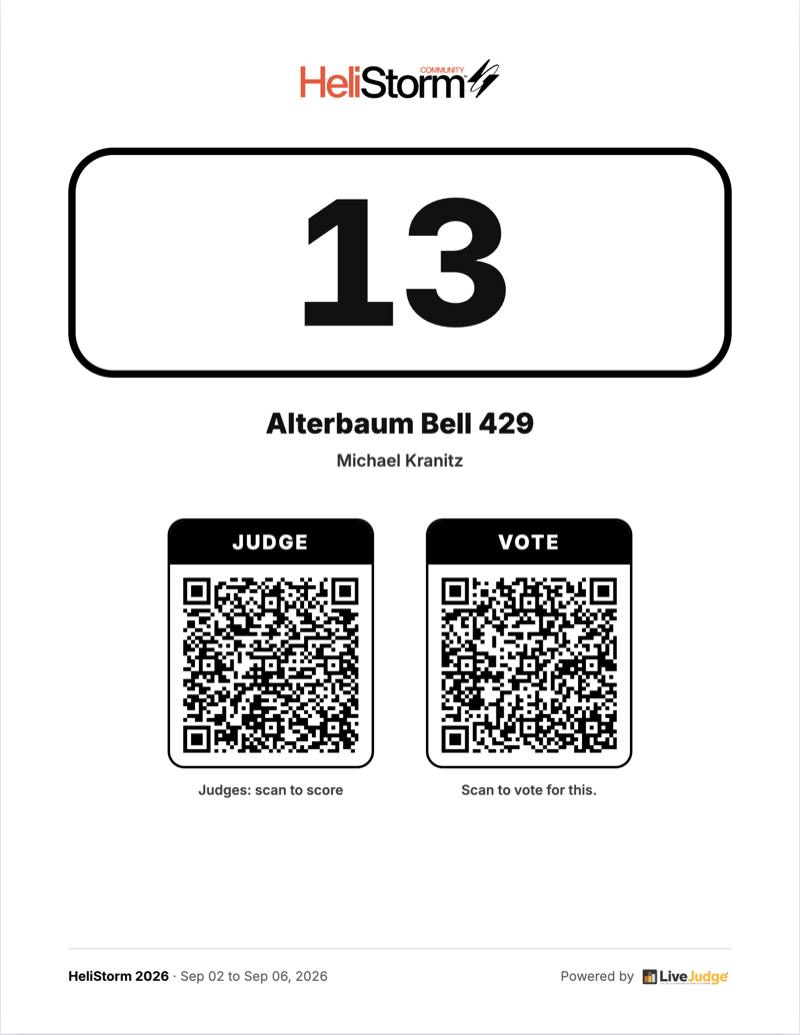 Printed LiveJudge entry tag with entry number and separate judge and vote QR codes