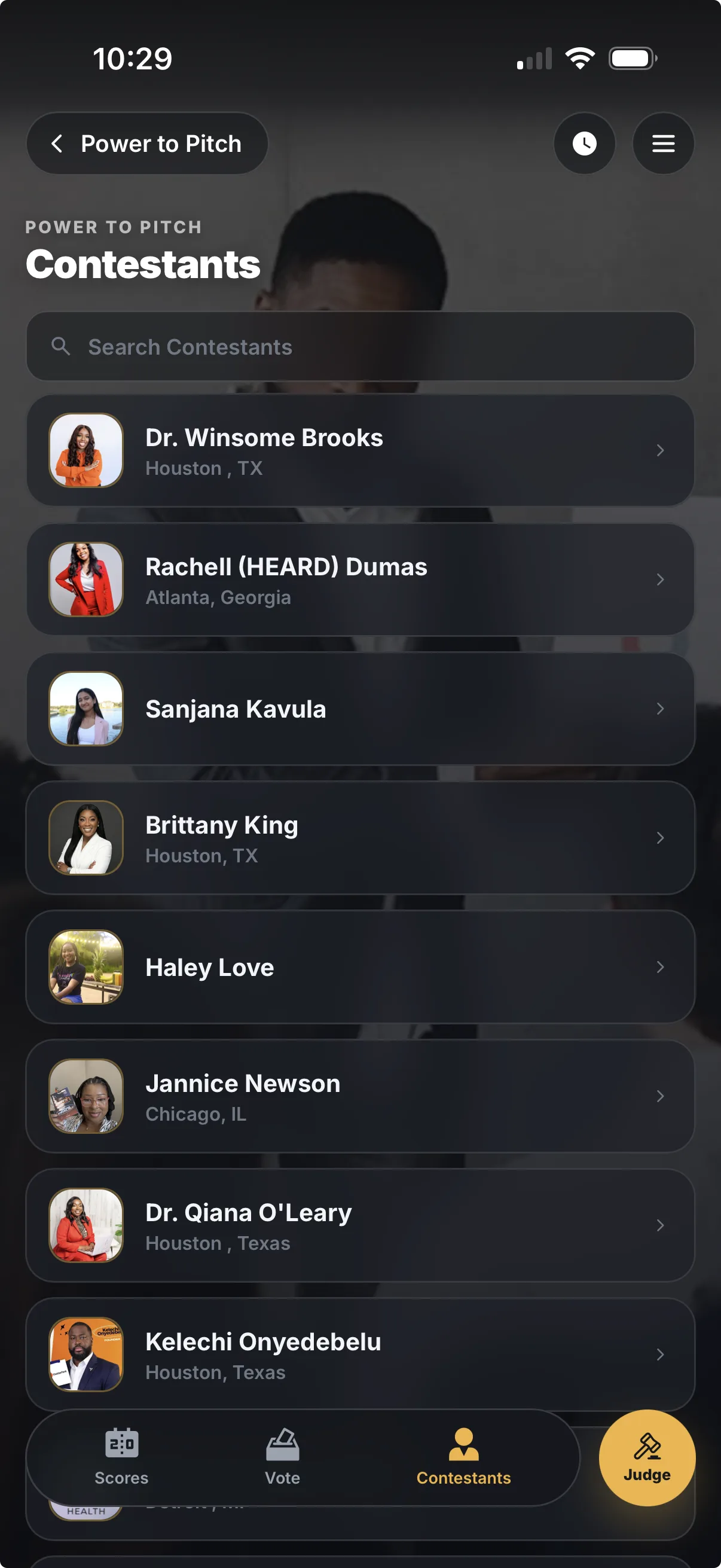 LiveJudge live contestant list on a phone, with photos and hometowns