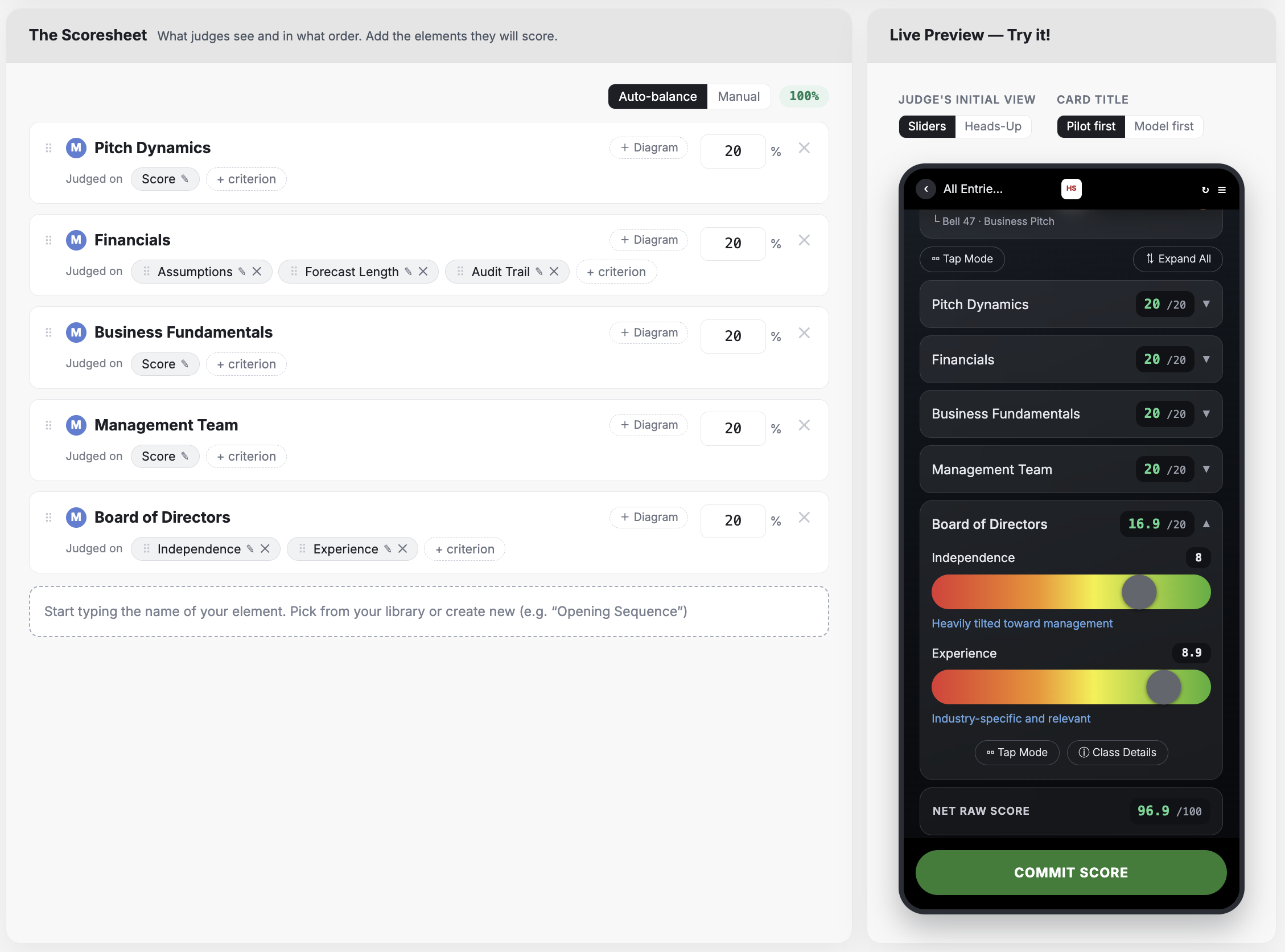 LiveJudge rubric builder: the scoresheet editor with a live judge preview