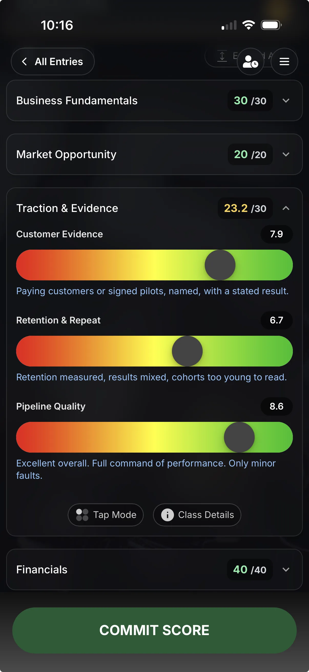 LiveJudge scoring screen: a pitch competition rubric with a color-graded slider for each criterion, on a phone