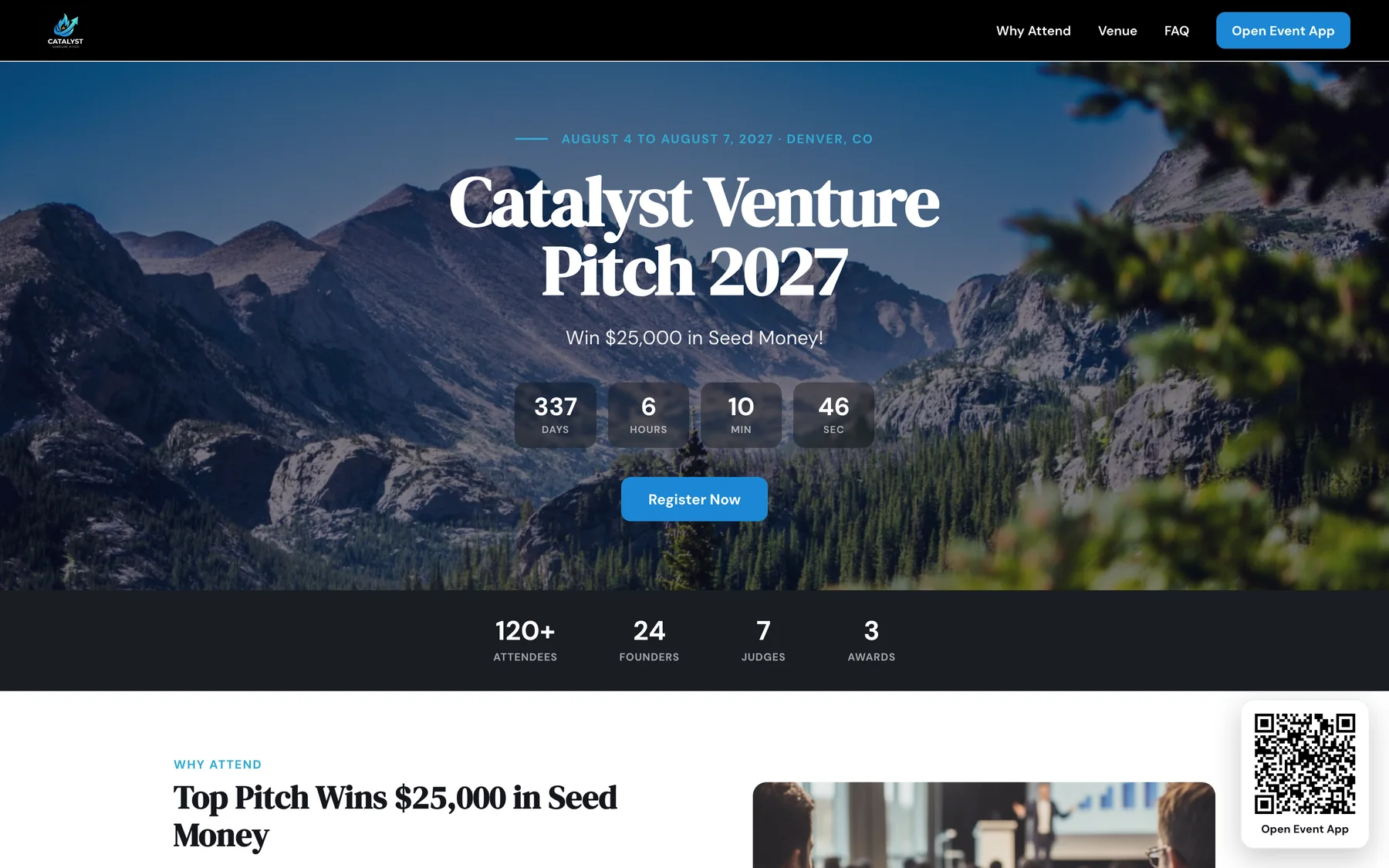 The Catalyst Venture Pitch 2027 event website: a full-bleed hero photo, the dates and city, a live countdown, a Register Now button, a stat band of attendees, founders, judges and awards, and a floating QR code that opens the event app